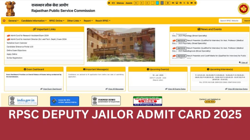 RPSC Deputy Jailor Admit Card 2025: Exam Date, City Intimation Slip